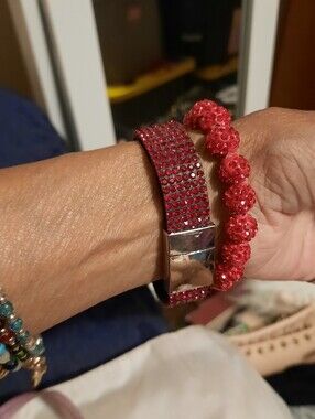 July Birthstone Ruby Crystal Bead Bracelets LOT of 2 Wide Magnetic & Stretchy